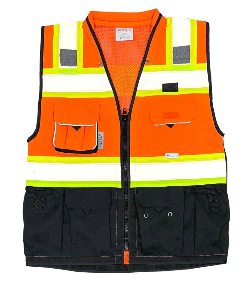 REXZUS (C Vest For Mens Black Series Safety Vest With Zipper and Utility Pockets Premium Black Series Surveyors Vest (Medium, Orange/Black) - Image 1